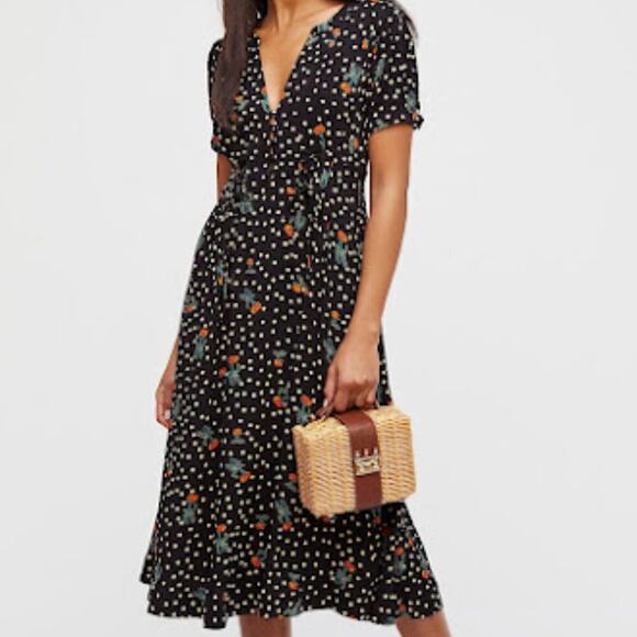 Free People Dresses & Skirts - FREE PEOPLE | Polka Dot Cherry Print Midi Dress Lace-Up Corset Retro Mod 8